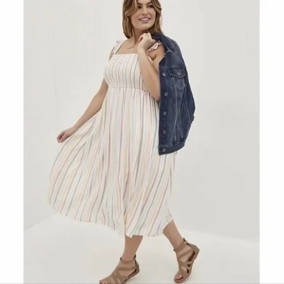 Torrid Ruffle Strap Midi Challis Pastel Smocked Striped Dress Size 0 or Large - Picture 1 of 9
